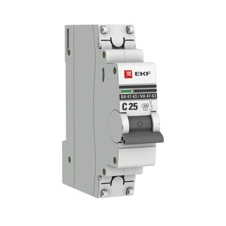 Автоматический выключатель 1P 25А (С) 4,5кА ВА 47-63 марки «EKF». Серия «PROxima». Цвет: Серый