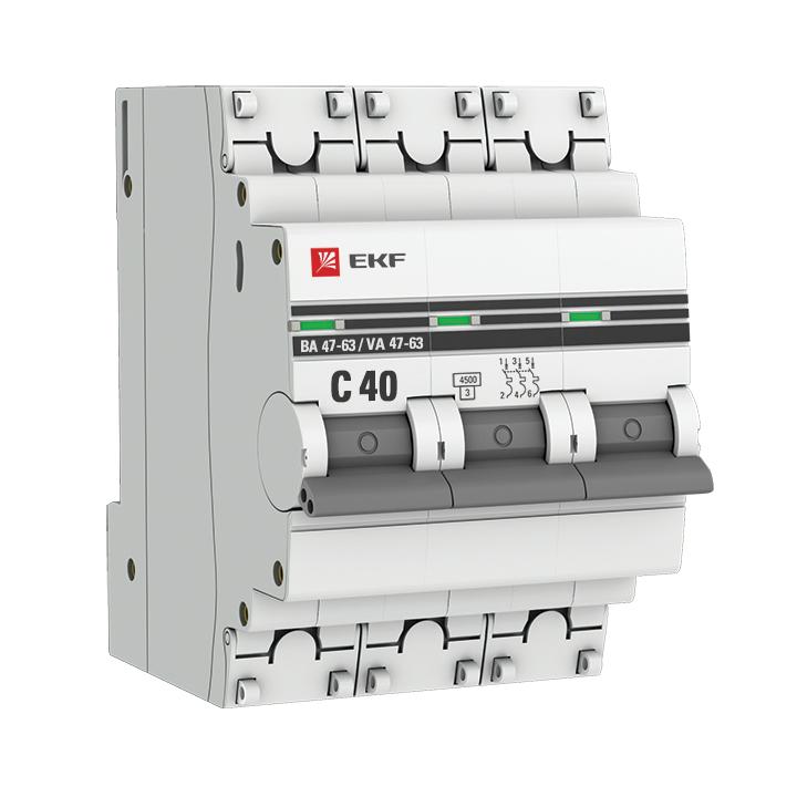 Автоматический выключатель 3P 40А (С) 4,5кА ВА 47-63 марки «EKF». Серия «PROxima». Цвет: Серый