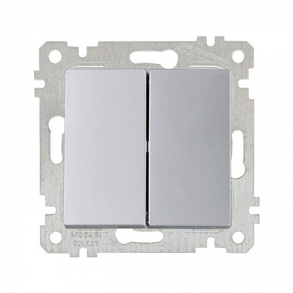 Выключатель 2-клавишный марки «Mutlusan». Серия «Rita». Цвет: Нержавеющая сталь