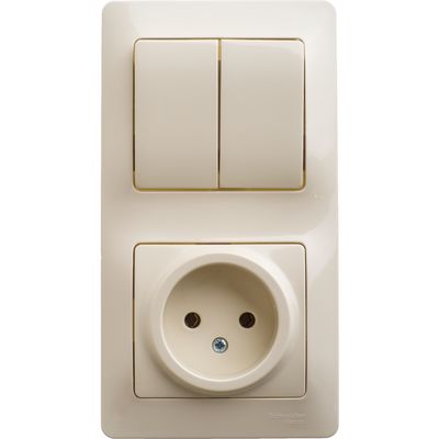 Блок: розетка без заземления+2-клавишный выключатель марки «Schneider Electric». Серия «Glossa». Цвет: Бежевый Блок: розетка без заземления+2-клавишный выключатель